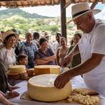 Moradores e visitantes acompanham o corte do queijo gigante durante a Festa do Queijo de Santana de Caldas, em Minas Gerais